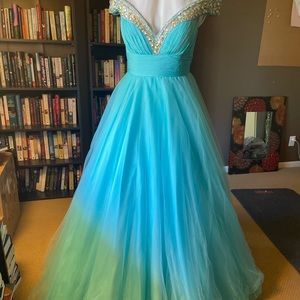 Aqua off-the-shoulder ball gown by Mac Duggal